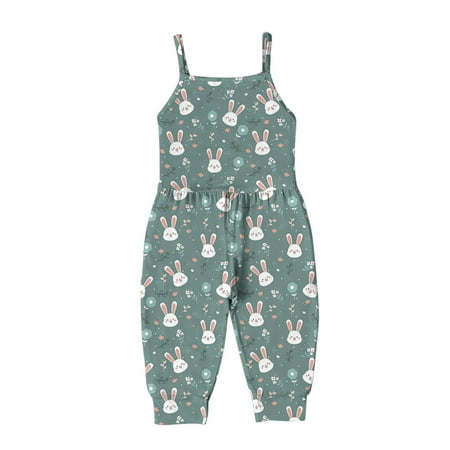 

REORIAFEE Toddler Girls Kids Jumpsuit Elegant Jumpsuits Cartoon Print Strap Romper Pants With Pockets Infant Jumpsuit Overall Jumpsuit Summer Romper for Girls Green 4-5 Years