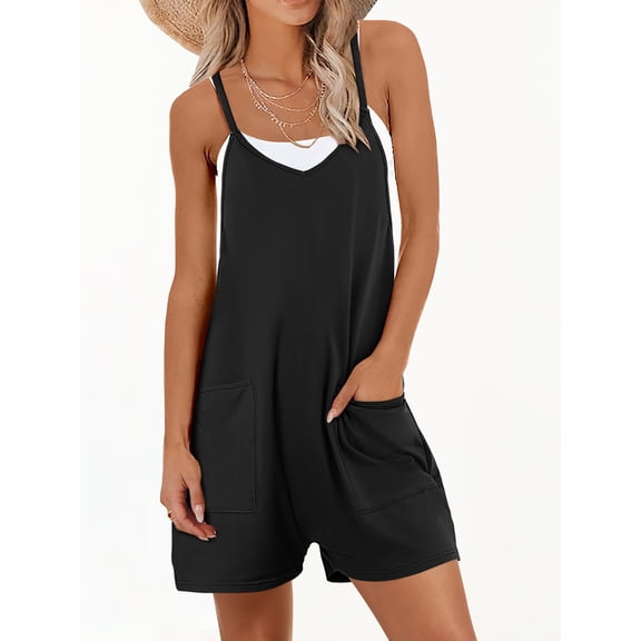 ANRABESS Summer Jumpsuits for Women 2026 Casual Adjustable Spaghetti Strap Rompers for Women Outfits Sleeveless Loose Shorts Overalls with Pockets Black XS