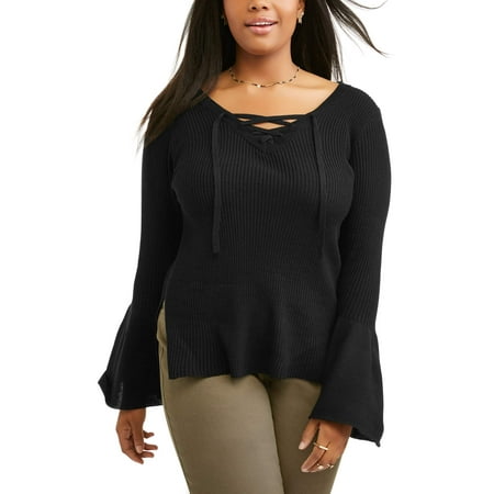 Junior Plus Lace Up Ribbed Bell Sleeve Sweater