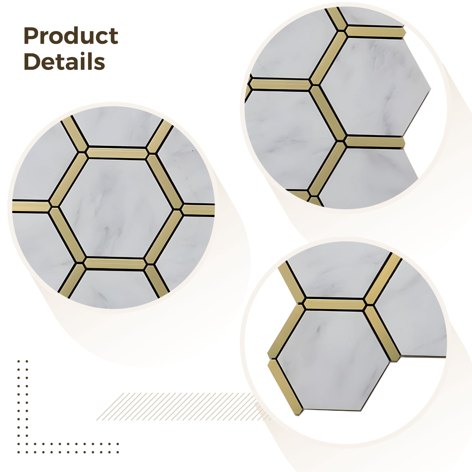 10 Pcs Hexagon Peel and Stick Tile Backsplash, PVC Self-Adhesive White Marble Effect with Gold Accents, Easy Install for Kitchen and Bathroom, Waterproof, Heat-Resistant, Ideal for TV Wall and More