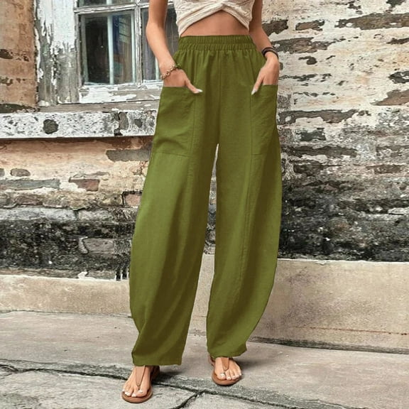 Baqcunre Wide Leg Pants Woman Solid Color Casual Pants Trousers Elastic Waist Pockets Wide Leg Trousers Womens Fashion Women's Pants Pants for Women Womens Clothes Army Green L