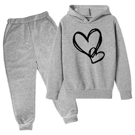 

Spazoro Toddler Girls Pullover Hoodie and Jogger Clothing Set 2PC Fall Winter Love Print Elastic Waist Sweatpants Outfit Sets for Kids Girls Gray