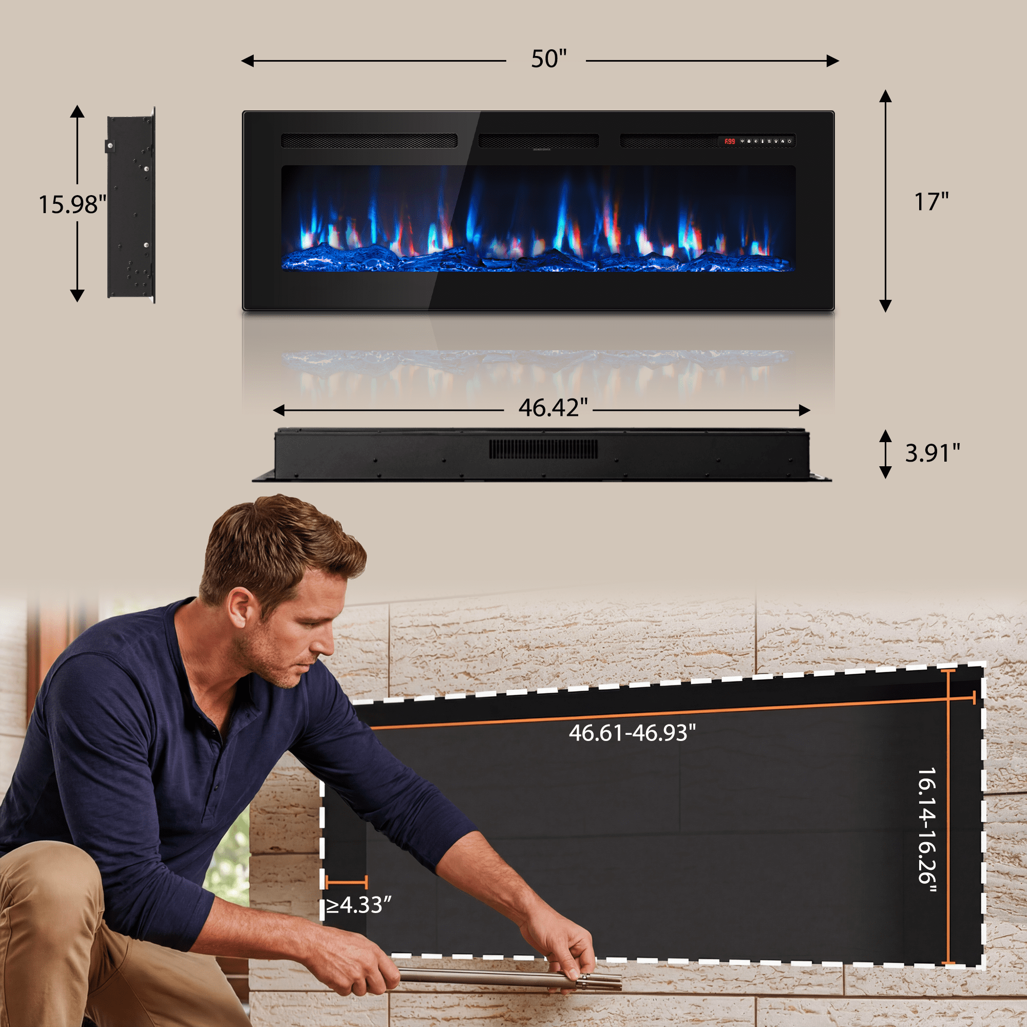UrbanSync 50" Electric Fireplace WiFi, Freestanding/Inserts/Wall Mounted Fireplace Heater with Alexa, App/Voice Control, 12 Flame Colors, Timer, Log and Crystal