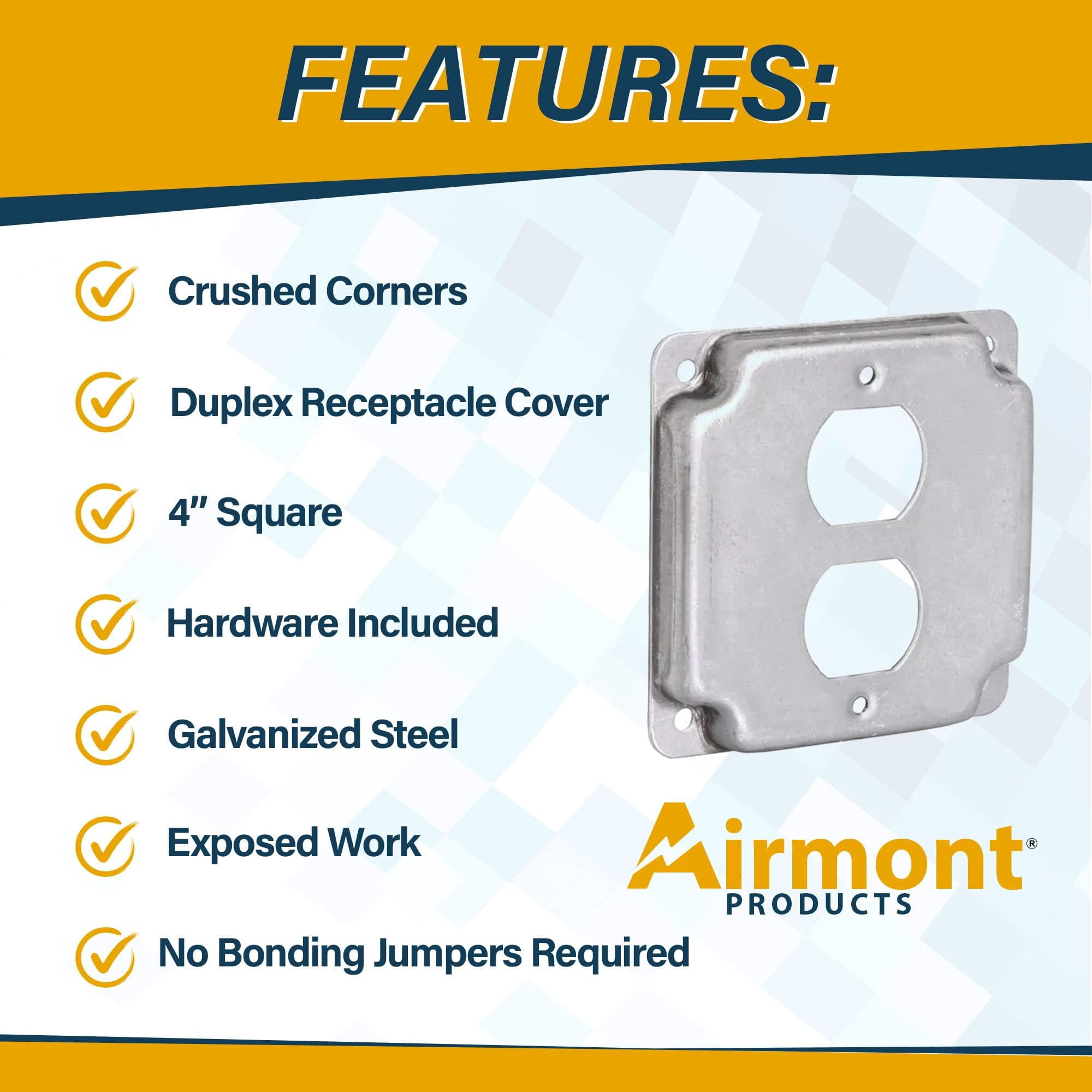5 Pack Airmont Products 1-Gang Duplex Receptacle Electrical Box Cover - 4 Inch Square 1/2 Inch Raised Galvanized Steel Cover for Exposed Work - Surface Mount Junction Box Cover for Duplex Outlets