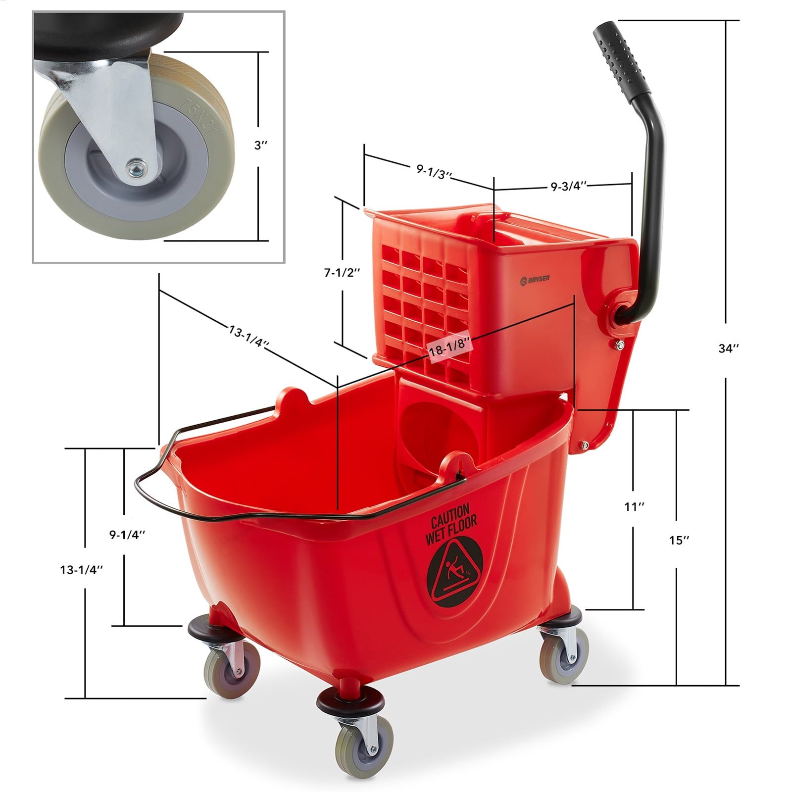 Dryser Commercial Mop Bucket with Side Press Wringer, 26 Quart, Red
