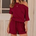 thumbnail image 2 of IROINNID Jumpsuit Shorts for Women Spring And Summer Solid Color One Shoulder Loose Fitting One-piece Shorts,Burgundy, 2 of 8