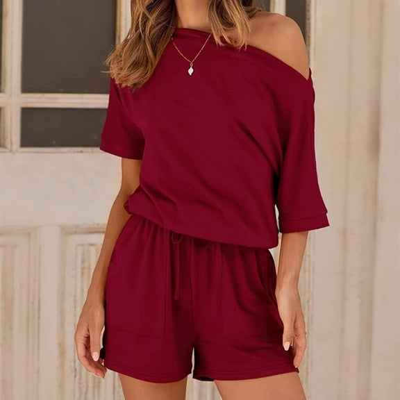 Off Shoulder Rompers for Women Casual Tie Elastic Waist Short Jumpsuit with Pocket Half Sleeve Wide Leg Comfy Outfits, Wine, XL