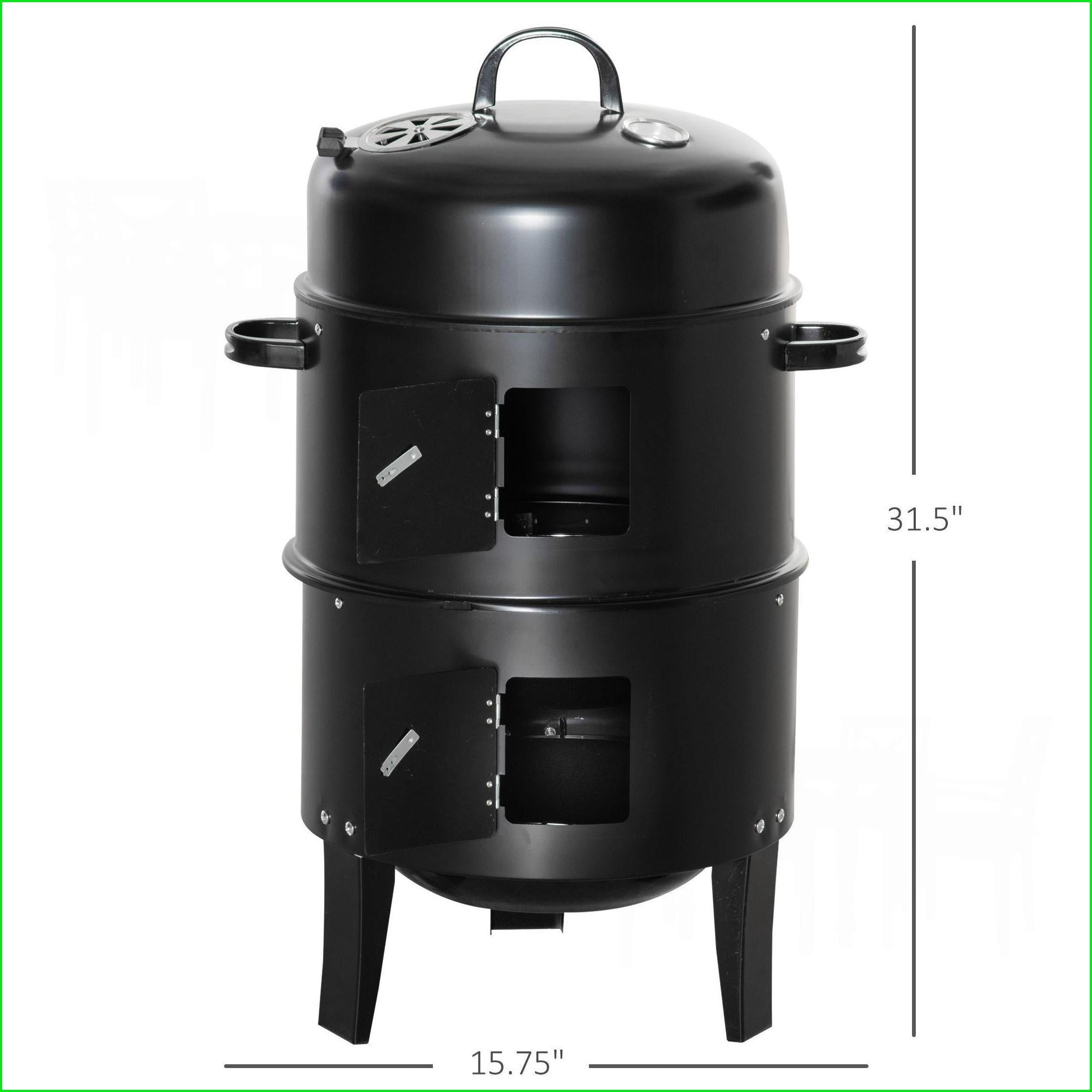 Charcoal BBQ Smoker, 3-in-1 16” Round Vertical Grill with Dual Cooking Areas & Thermometer for Outdoor Camping Backyard | Black | Metal