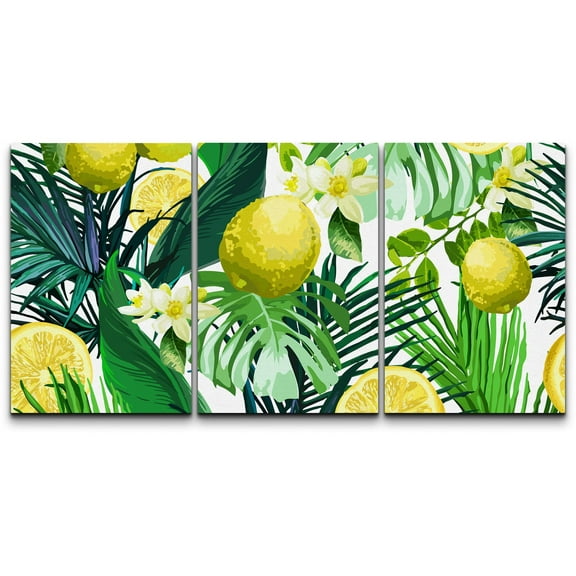 wall26 - 3 Piece Canvas Wall Art - Vector - Seamless Pattern of Lemon, Flowers and Tropical Leaves on a White Background. - Modern Home Art Stretched and Framed Ready to Hang - 24"x36"x3 Pa