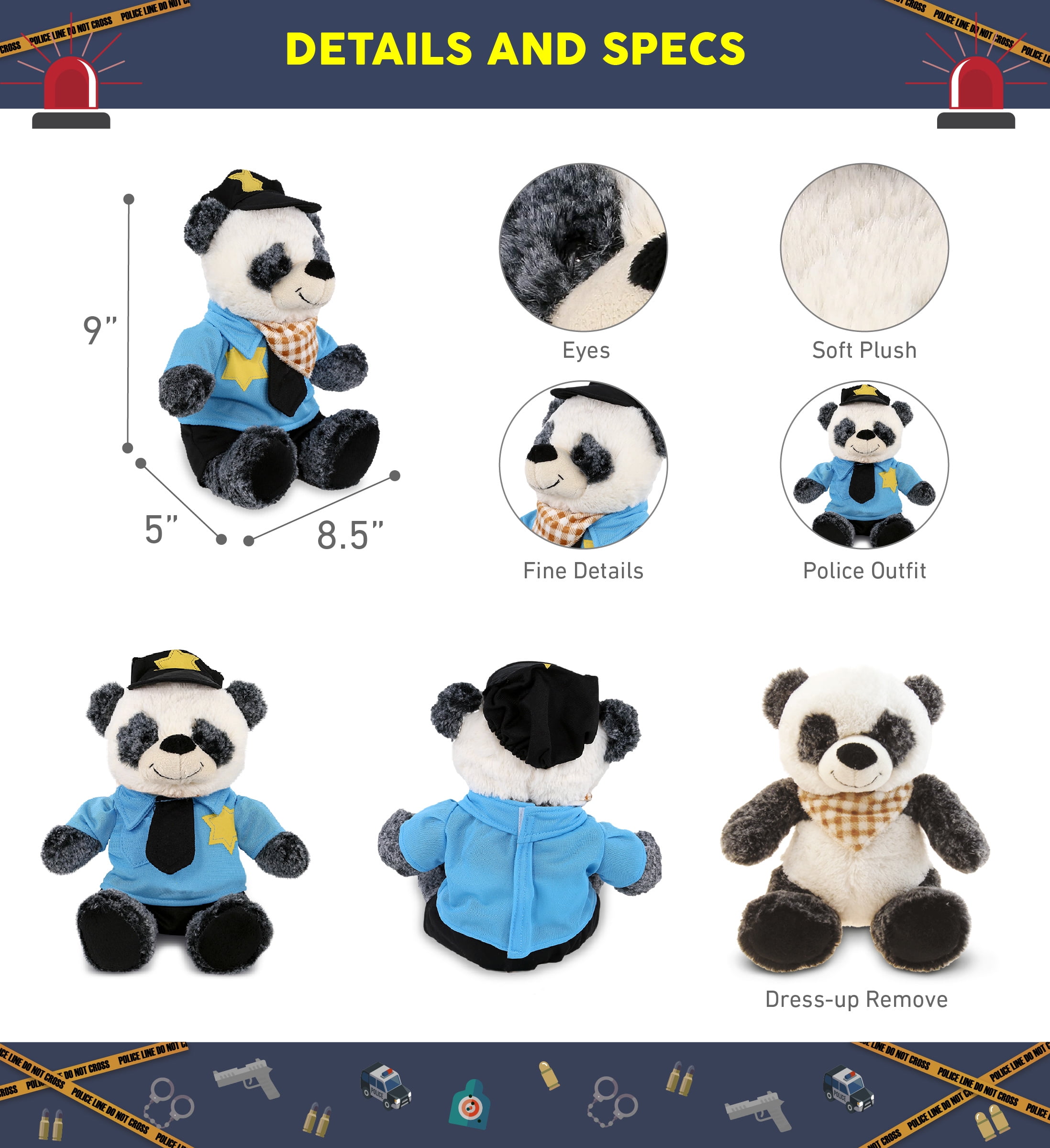 DolliBu Sitting Panda Police Officer Plush Toy - Soft Panda Cop Stuffed Animal Dress Up with Cute Cop Uniform and Cap Outfit - Perfect Gift - 9 Inches