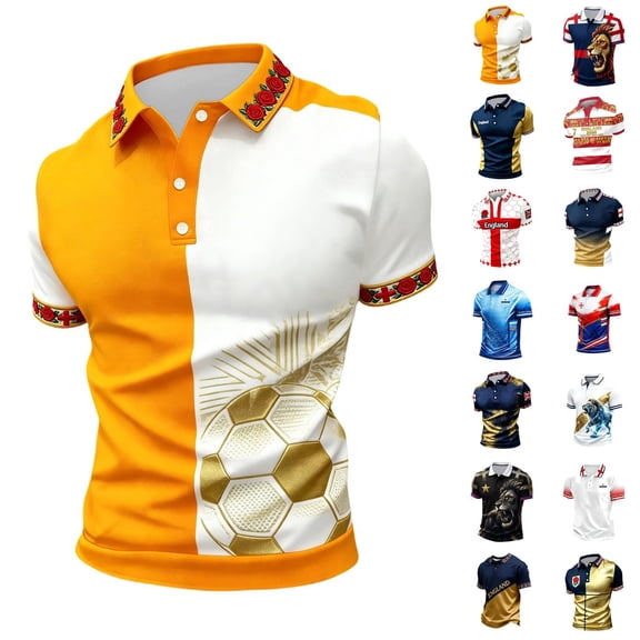 2026 Soccer Cup Jersey for Men, Polo Collar Short Sleeve England Rose & Gold Ball Graphic Top - Breathable Fan Shirt for Match Day & Casual Wear Blue L