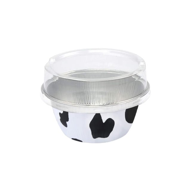 KitchenDance 4 oz Colored Portion Cups With Stackable Lid - Disposable Ramekins for Crème Brûlée, Flan & More - Ideal for Catering, Restaurants, Bakeries, Home Kitchens - A50 (Cow Print, 100)
