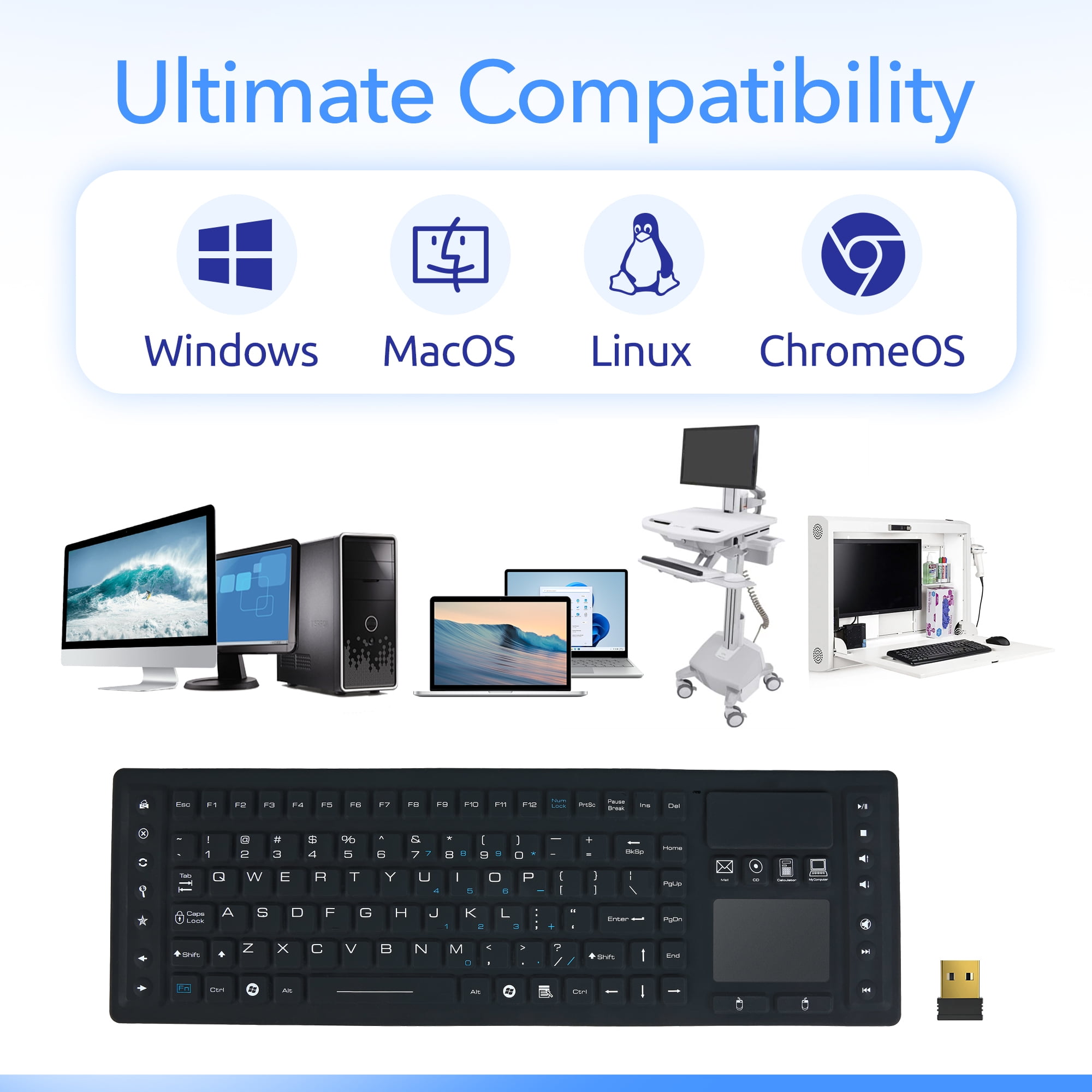 Delton M90 Wireless Computer Keyboard with Touchpad, 109 Standard Keys, IP65 Water-Resistant Silicone Keyboard for PC, Laptop and Tablet, Black