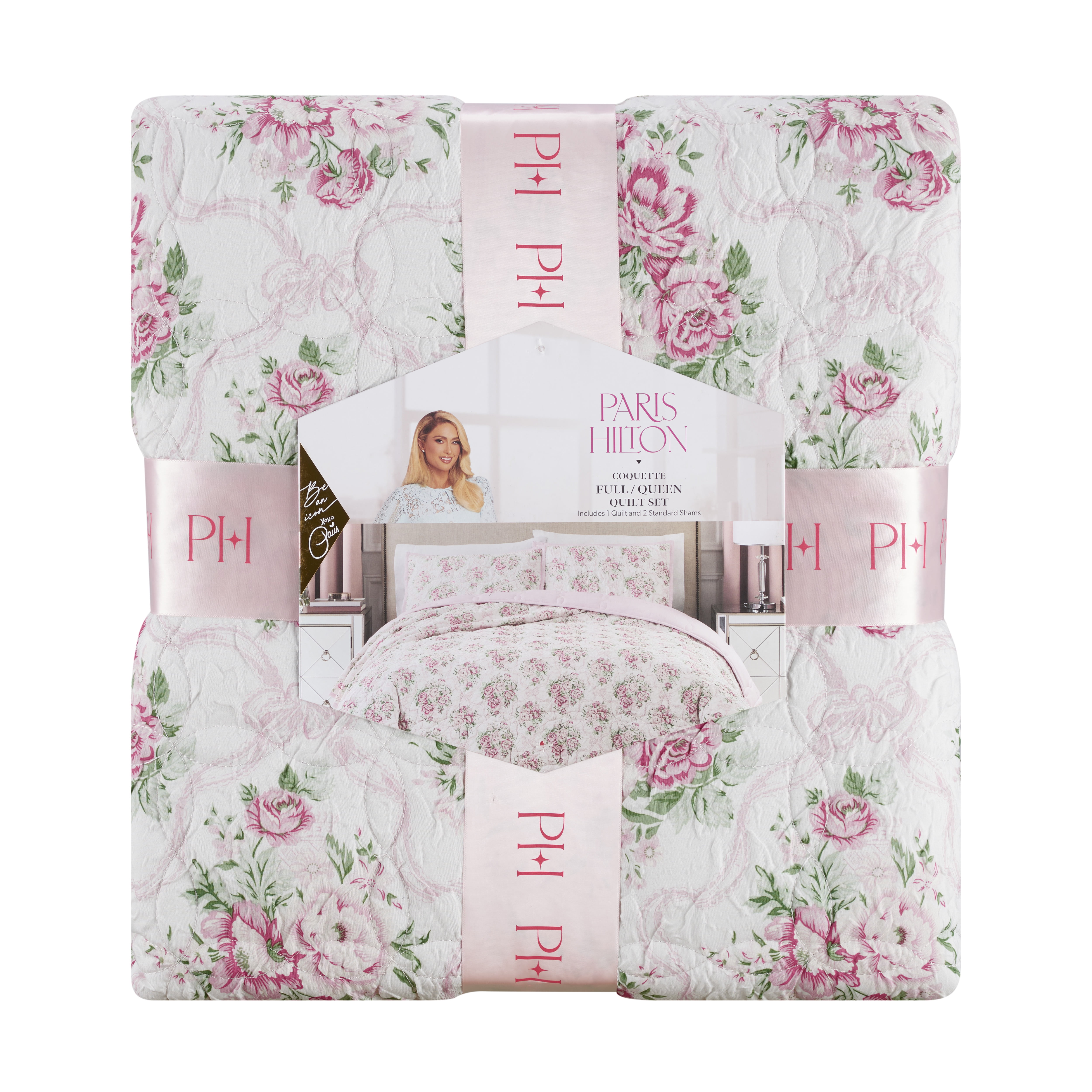 Paris Hilton Coquette Blush Pink Floral Quilt Set, Twin, Reversible 2-Piece Bedding, Lightweight