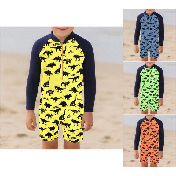 Trendfront Boys One Piece Swimsuit Color Block Dinosaur Print Long Sleeve Rash Guard Boyleg Bathing Suit Sun Protection