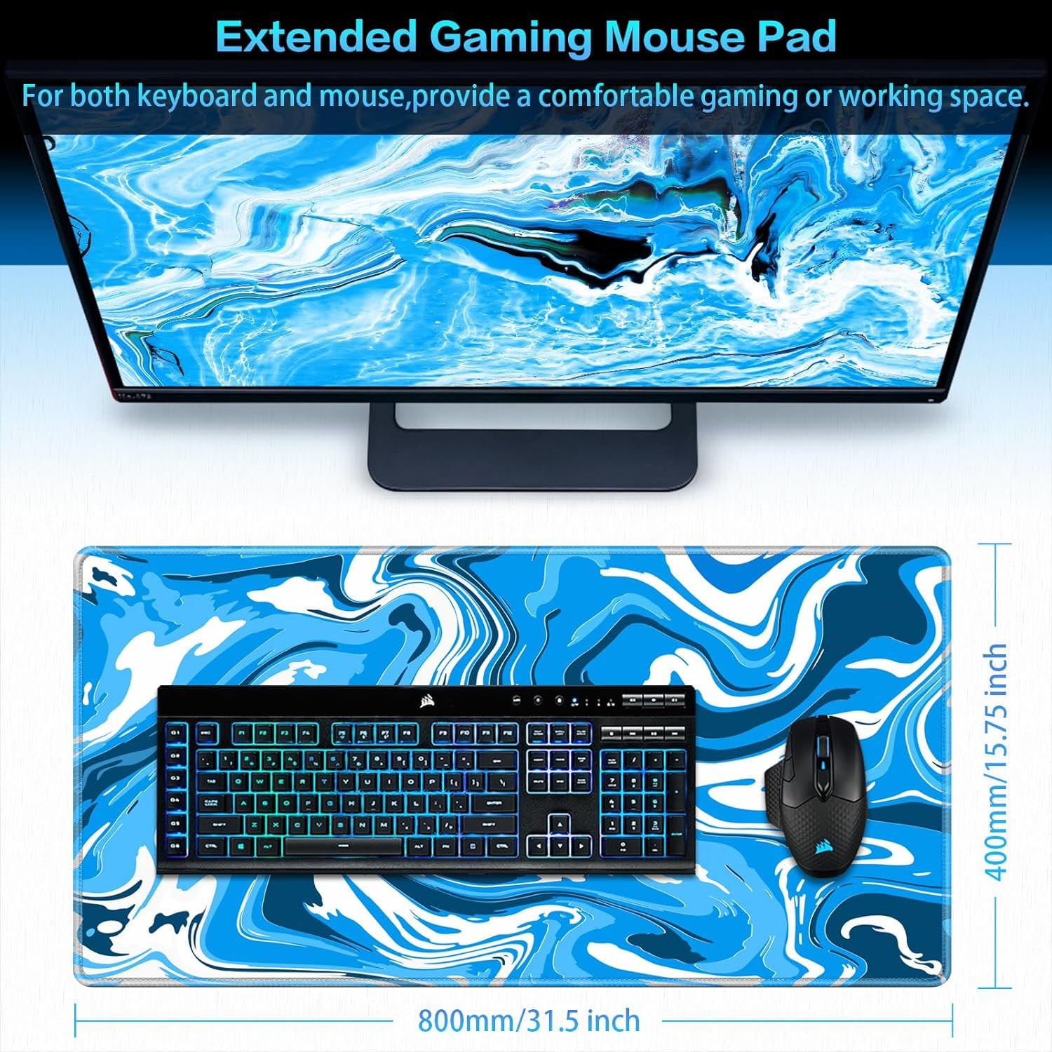 Gaming Mouse Pad, Fluid Pattern Mouse Pad 31.5x15.7inch Large Extended Computer Mouse Mat Keyboard Full Desk Mousepad for Gaming, Office, Home