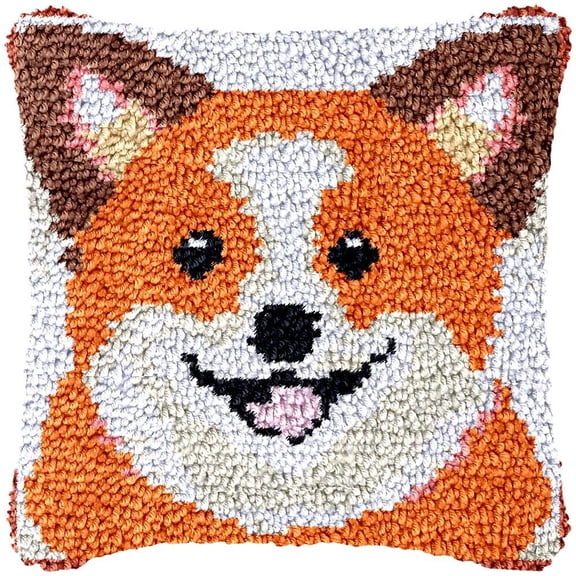 Orange Corgis Dog Latch Hook Pillow Kits for Beginner Needle Crochet Yarn Kits with Stamped Canvas Embroidery Cushion Hook and Latch Throw Pillow Home Sofa Decoration 43x43cm