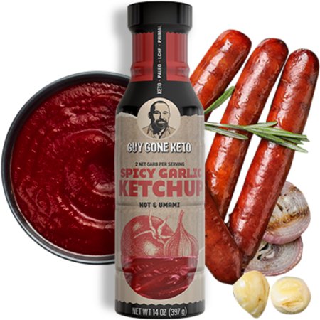 Keto Condiments by Guy Gone Keto, Paleo, Low Carb, Gluten Free, Plant-Based, Infused with MCT Oil, No Artificial Sweeteners, Grain Free, Dairy Free, Keto Sauces (Spicy Garlic Ketchup Sauce, 1 Pack)