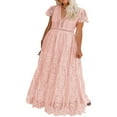 thumbnail image 2 of Robe de Mariée en Dentelle Florale à Col en V pour Femmes, Manches Courtes, Robe Maxi de Demoiselle d'Honneur, Robe de Fête, Rose, M, 2 of 8
