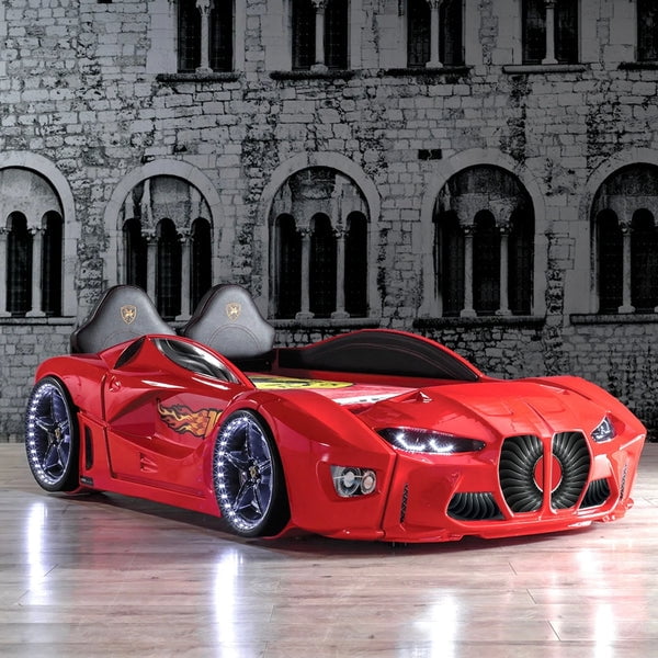 GTM Twin Race Car Bed for Kids with LED Headlights, Sound FX, Remote Control and Realistic Design, Sturdy and Fun Sleep Solution