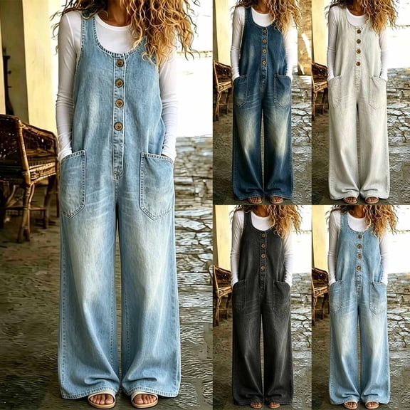 Zormilly Denim Overalls for Women Button Front Wide Leg Jeans Jumpsuits with Pockets Fashion Baggy Jeans Bib Overalls, S-3XL