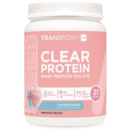 TransformHQ Clear Protein Powder (Cotton Candy) 21 Servings - Whey Protein Isolate, 20g of Protein, 90 Calories, 0g Added Sugars