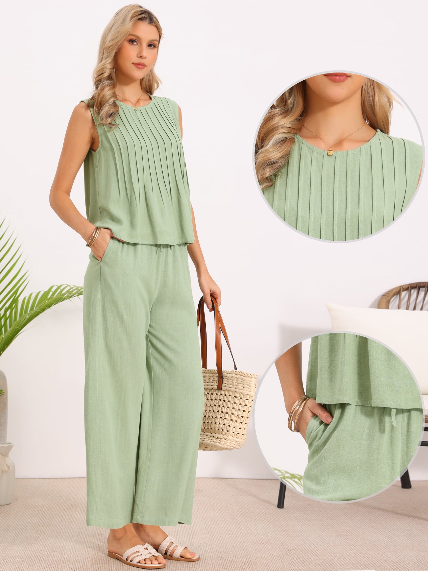DARING DIVA Women's 2 Piece Outfit Linen Cropped Tops Leg Pants Lounge Set XS Green