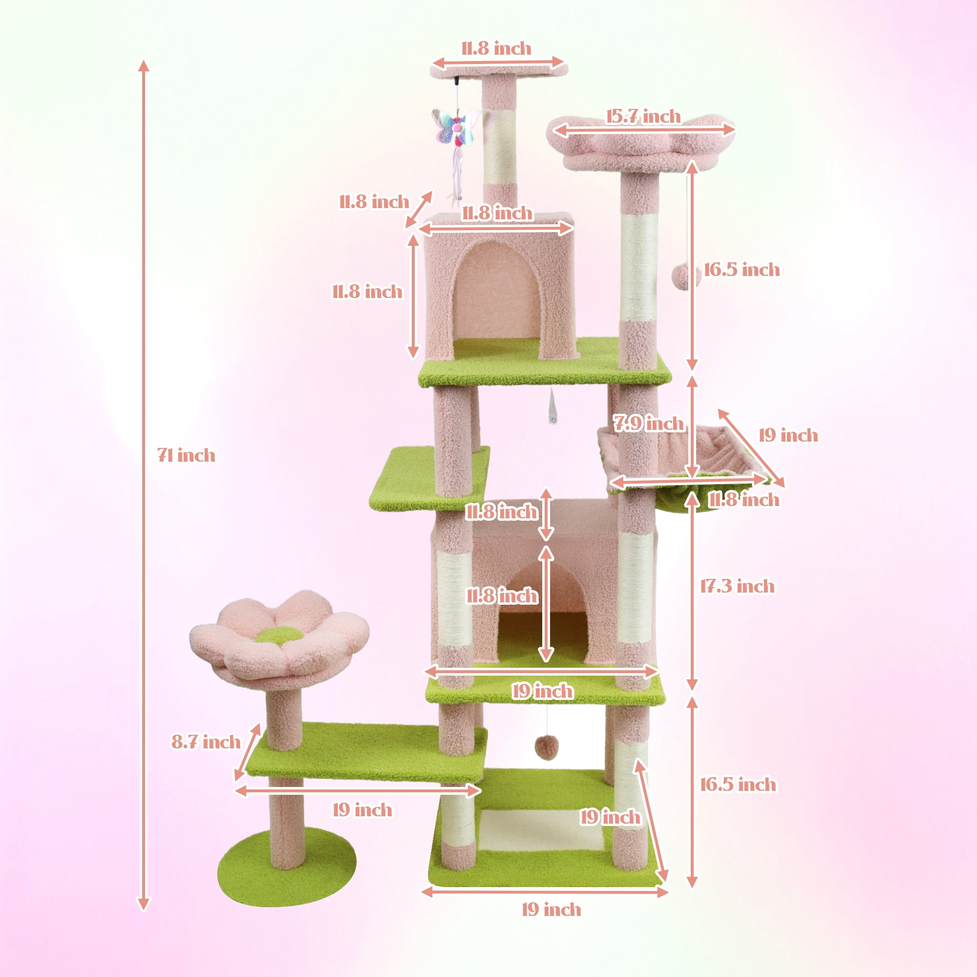 YIYADO 71 Inch Floral Cat Tree, Floral Design Cat Climbing Tree with Large Apartment Removable Flower Mat and Hammock, 7 Reinforced Posts Multi-Layer Wrapped in Natural Sisal, Pink