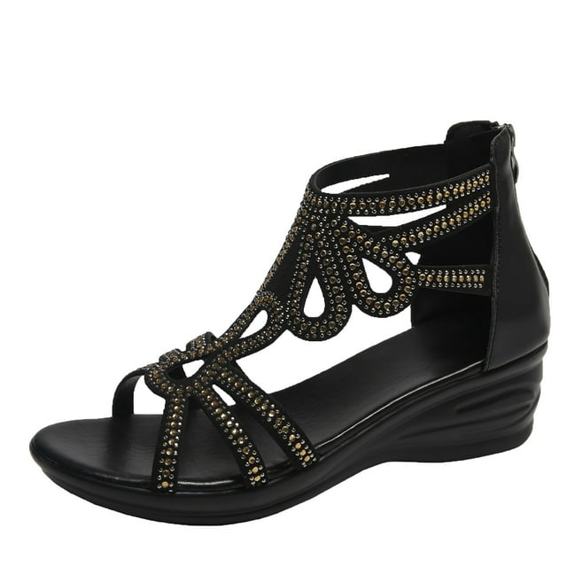 Wedge Sandals for Women Zipper Back Rhinestone Straps Open Toe Soft Sole Comfortable Breathable Gladiator Sandals Black