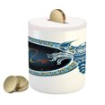 thumbnail image 1 of Zodiac Scorpio Piggy Bank, Circle Shapes with Waves Pattern and an Ornamental Scorpion, Ceramic Coin Bank Money Box for Cash Saving, 3.6" X 3.2", Blue Indigo Pale Brown, by Ambesonne, 1 of 4