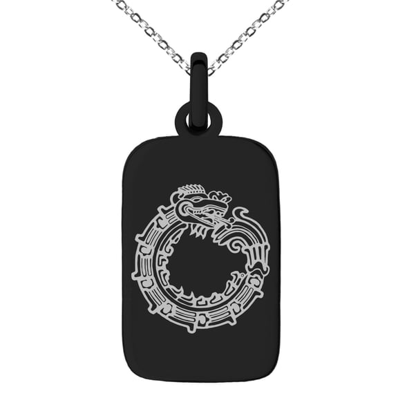 Stainless Steel Aztec Ouroboros Serpent Rune Engraved Small Rectangle Dog Tag Charm Pendant Necklace