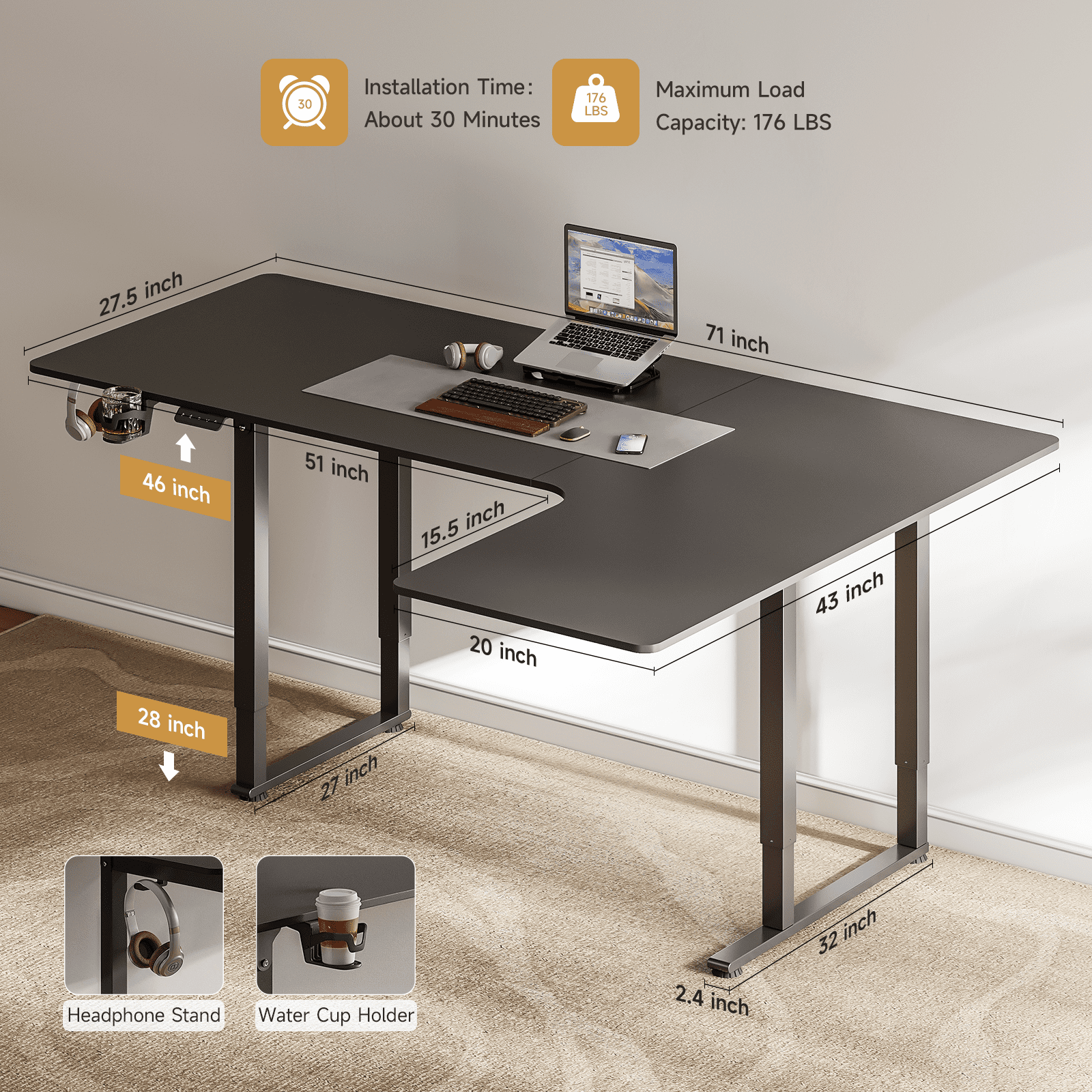 71x43 Inches L Shaped Standing Desk,  Electric L Stand Up Desk with 4 Legs, Adjustable Height from 28-46 Inches for Home and Office, Black