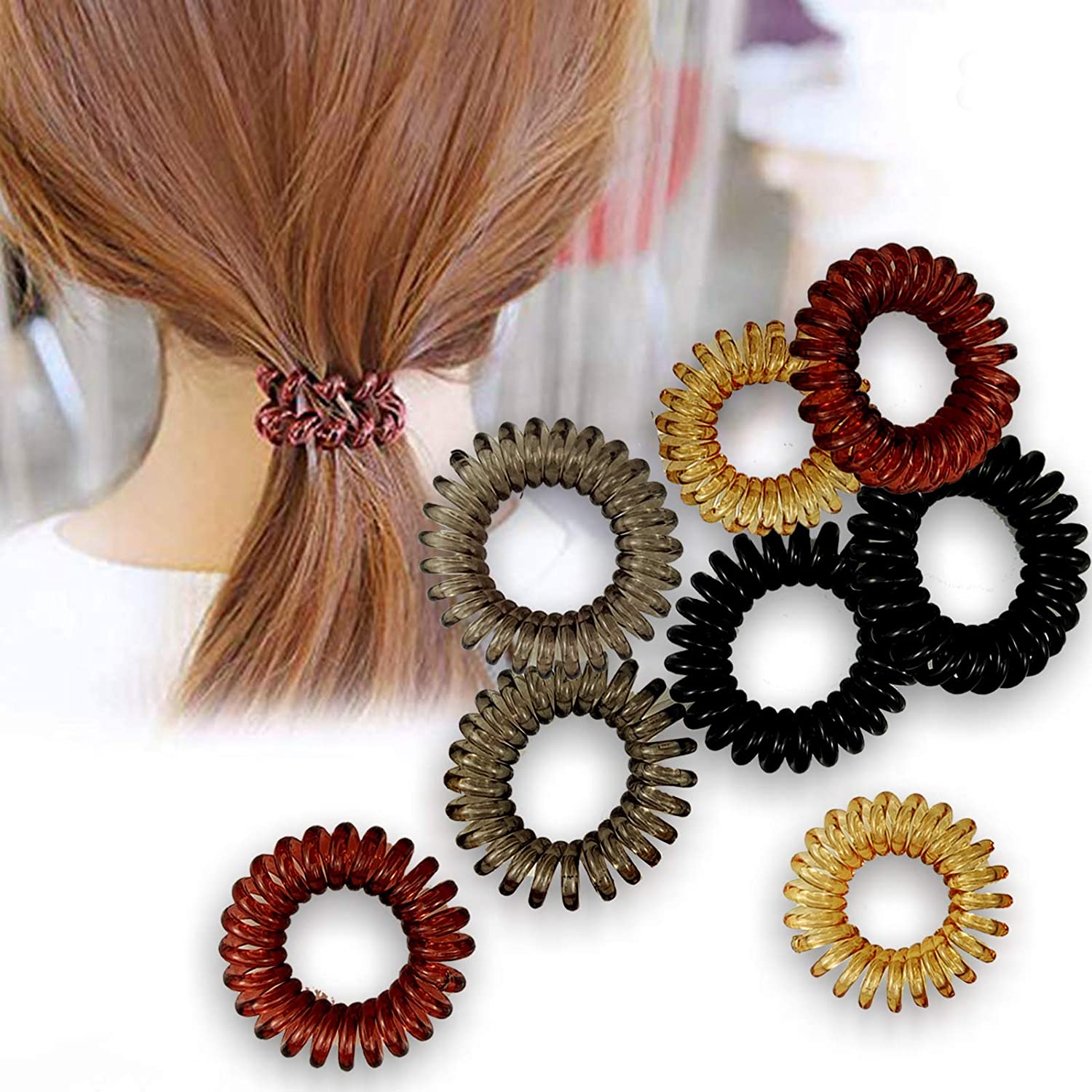 Spiral Hair Ties (8 Pieces), Coil Hair Ties for Thick Hair, Ponytail Holder Hair Ties for Women (four Colors), No Crease Hair Ties, Phone Cord Hair Ties for all Hair Types with Plastic Spiral. - image 5 of 7