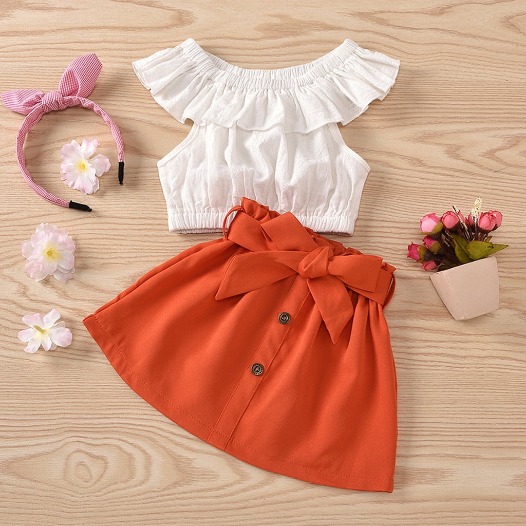 WHLBF Baby Girl Dress Toddler Kids Solid Ruffles off Shoulder Tops Bow ...