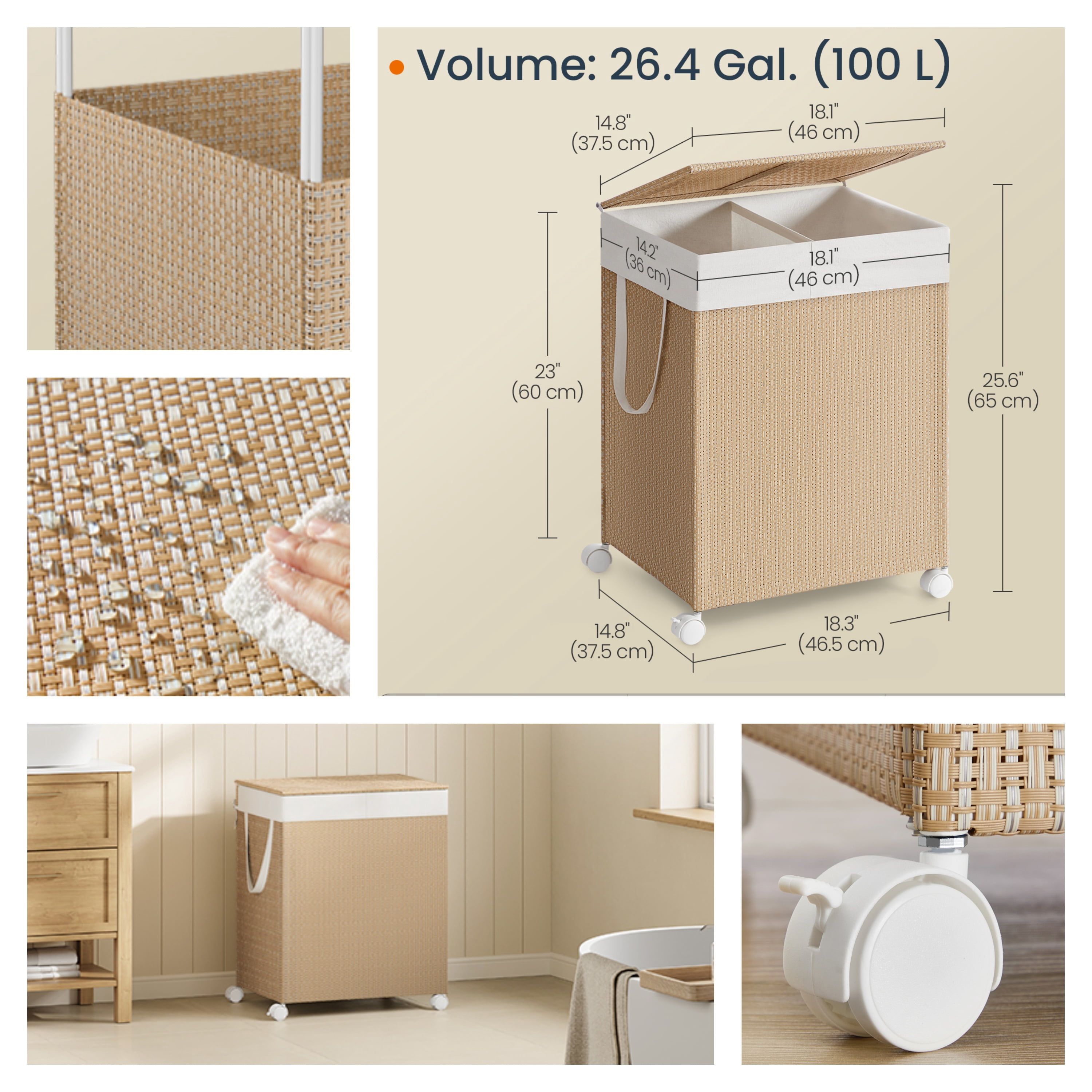 LEDREM 2-Section Rolling Laundry Hamper with Lid, 100L Capacity, Wheels & Removable Liner, Rattan Design, Natural Beige and Matte White