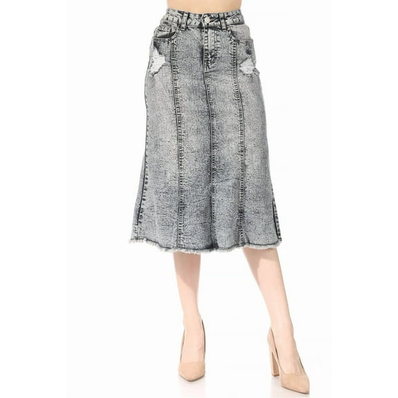 Be-Girl Women's Distressed Acid Wash Denim Midi Skirt, Mid-Rise Waist, Raw Hem