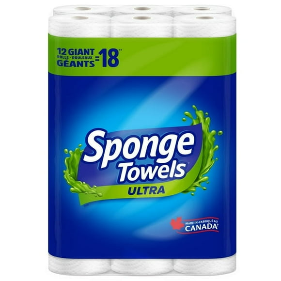 SpongeTowels Ultra Paper Towel, Choose-A-Size® Sheets, 12 Giant Rolls = 18 Regular Rolls