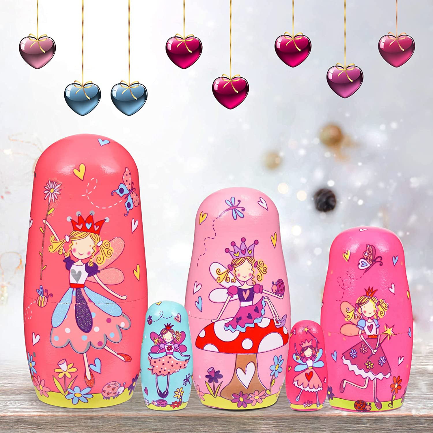 NEW WOODEN Pink Russian Babushka Fairy Nesting Dolls 5 pce 