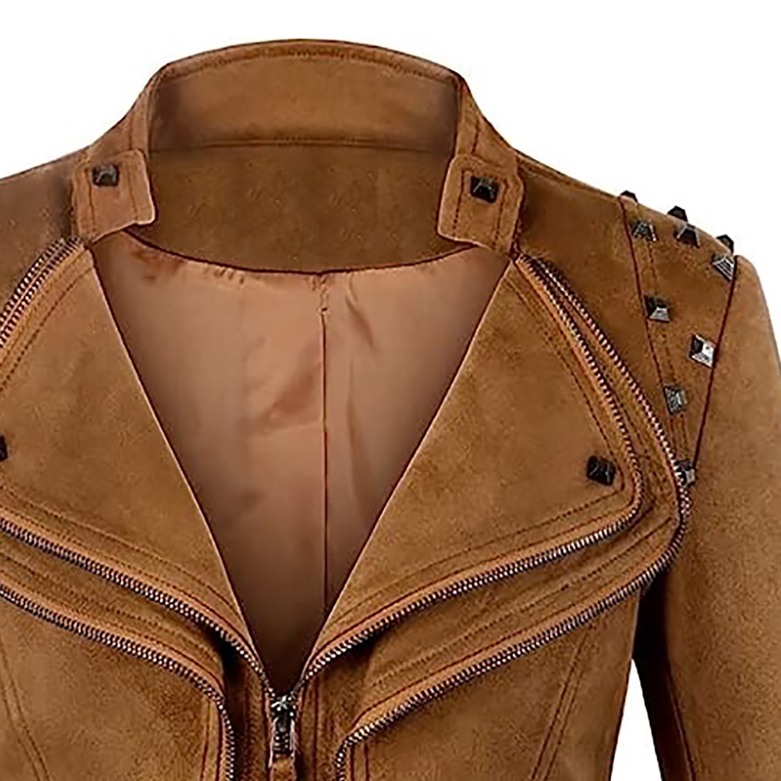 Feancey Womens Faux Leather Biker Jacket Slim Fit Fashion Studded Moto Coats Full Zip Lightweight Windbreaker Outerwear with Pockets Coffee S