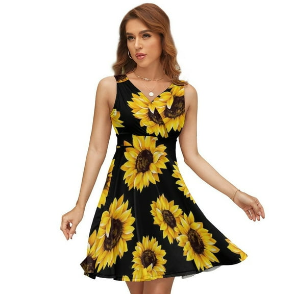 Sunflower Black Background Sleeveless Dress Women Summer Evening Dresses Ladies Sundress