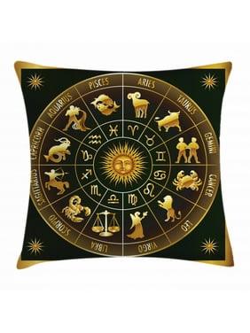Astrology Throw Pillow Cushion Cover, Wheel Zodiac Astrological Signs in Circle with Sun Moon Image in Circle Print, Decorative Square Accent Pillow Case, 24 X 24 Inches, Black and Gold, by Ambesonne