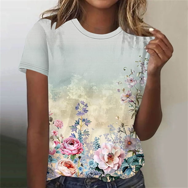 Fiudx Camisetas para Mujer Top de Cuello Redondo de Manga Corta Estampado Casual de Moda de Verano para Mujer