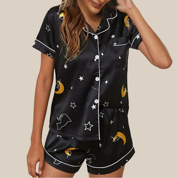 Alitao Womens Pajama Sets Lounge Sets Womens Pajamas Homewear Set Short Sleeve Shorts Pajamas Set Matching Pajamas Women'S Sleepwear Black M