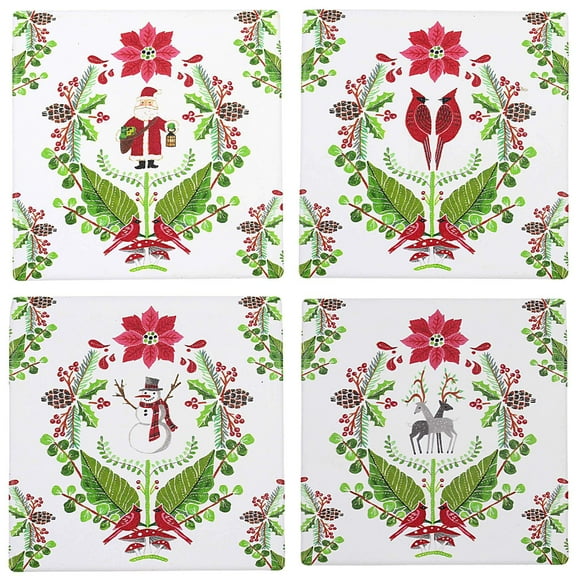 Ganz Holiday Icon Coaster Set - Four Coasters 4 Inch, Ceramic - Santa Deer Snowman Cardinal Mx187527