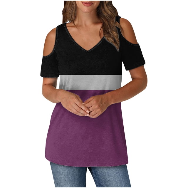 Puntoco Liquidación de blusas cortas para mujer, blusas estampadas para mujer, blusas de manga corta con escote en V y hombros descubiertos, blusas de moda