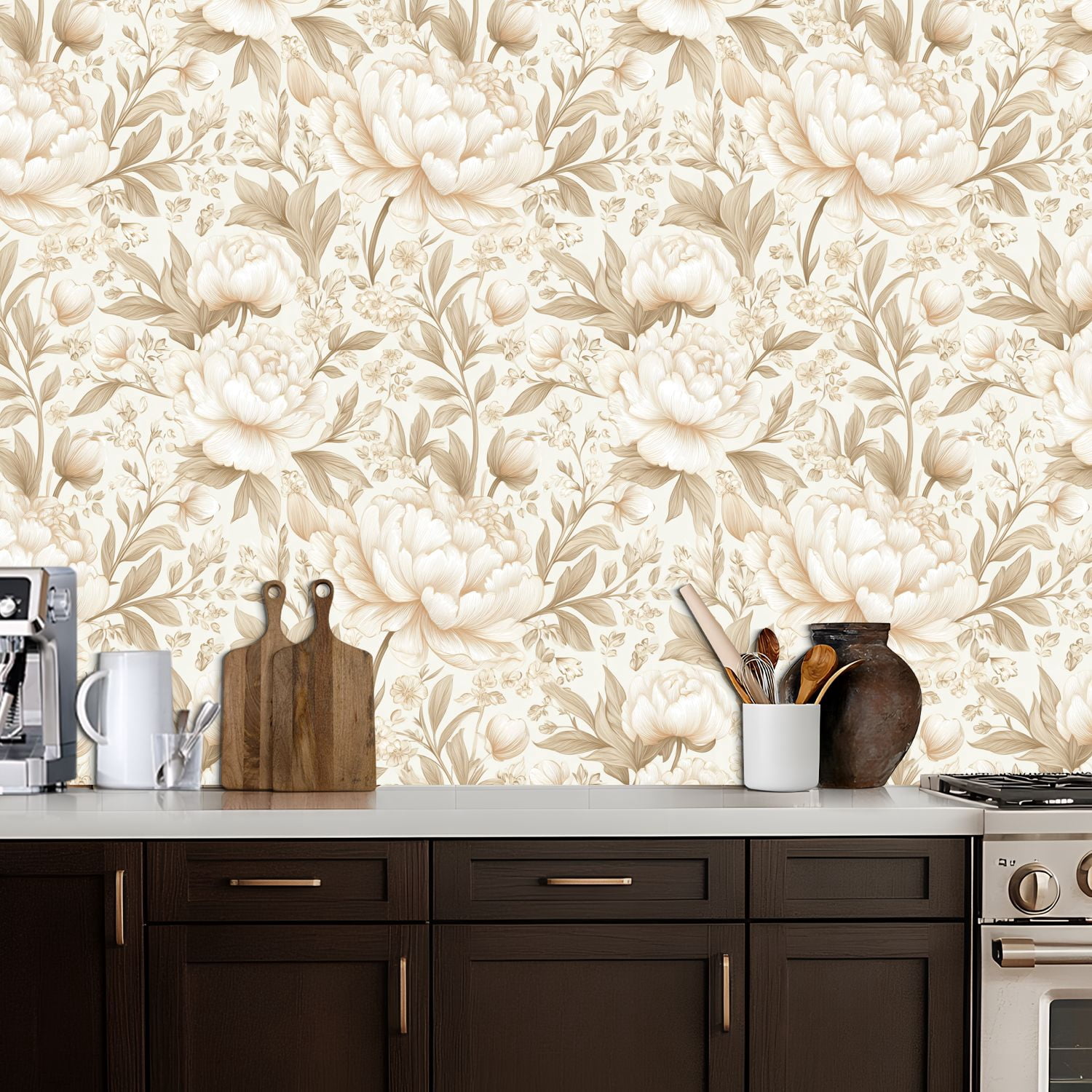 Vintage Peel and Stick Wallpaper Elegant Floral Peonies Blossoms Soft Beige Tones Wall Mural 17.7in x 9.8ft Self Adhesive Removable Wall Paper Renter Friendly Wallpaper for Nursery Bedroom Cabinets