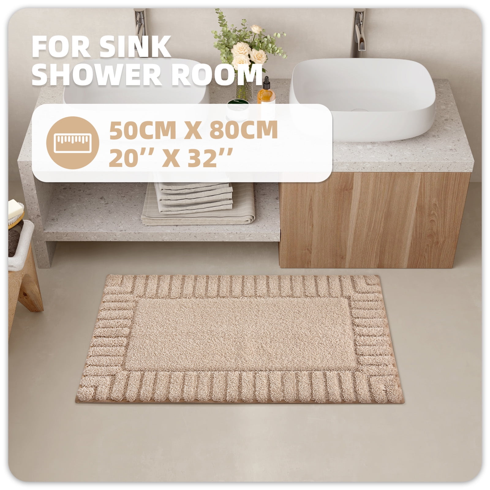 PABUBE Bathroom Rugs 20"x32", Absorbent Bath Mats Rugs for Bathroom Floor Non Slip Non Skid, Soft Shag Microfiber Machine Washable Shower Bath Mat for Bathroom Decor, Khaki