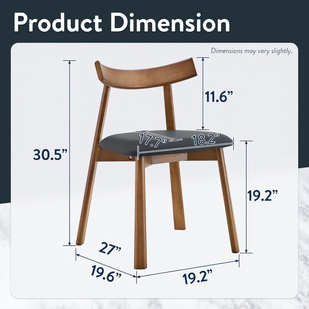 Hommoo 2-Pack Solid Wood Dining Chairs with PU Cushions & Ergonomic Curved Backrest, Modern Farmhouse & Scandinavian Style Home Dining Set, Black & Walnut