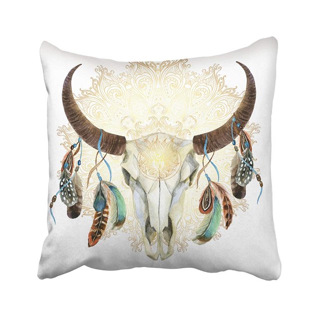 ABPHQTO Funda de Almohada Acuarela Búfalo Calavera Con Plumas Sobre Mandala Dorada 50x50 cm