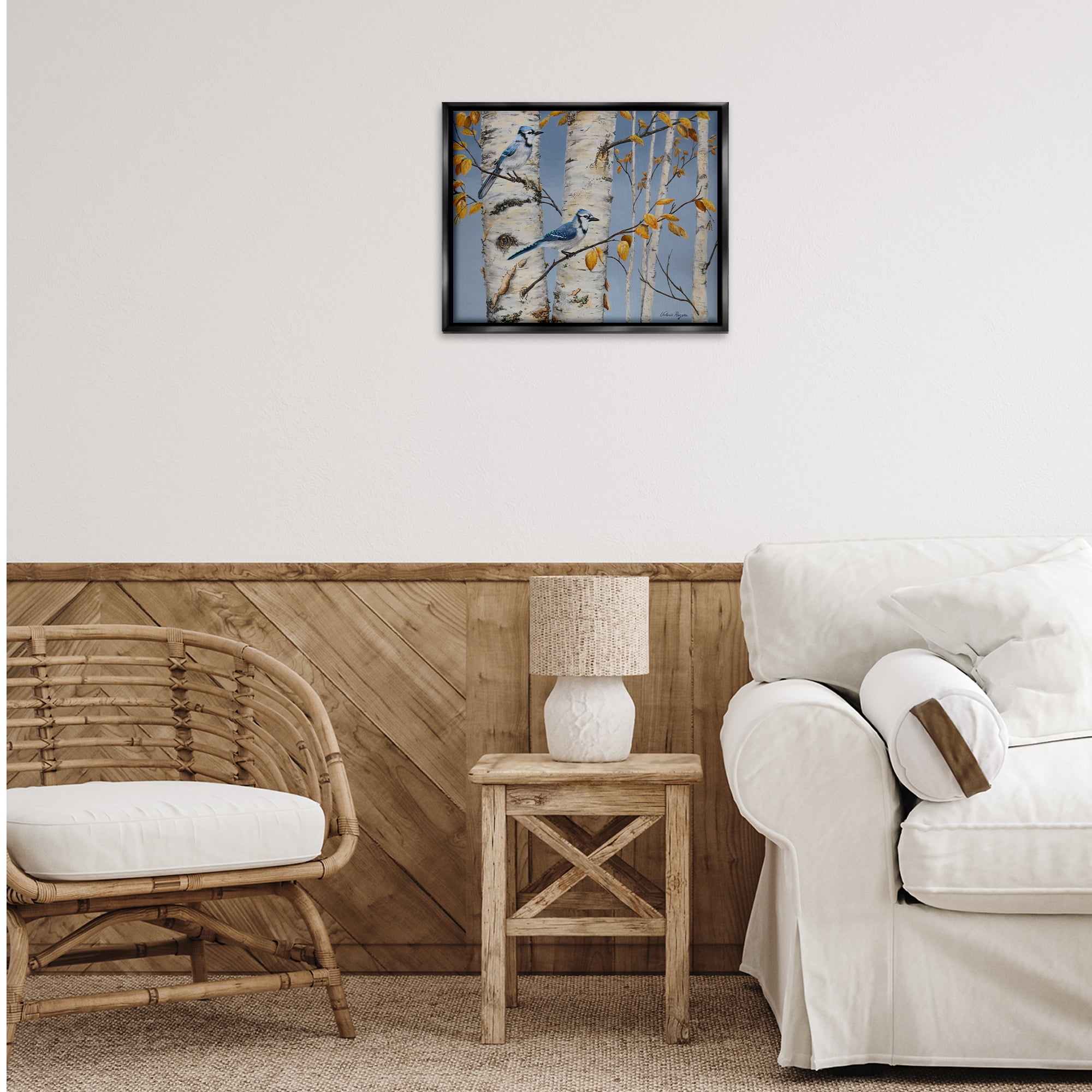 Stupell Industries Blue Jay Autumn Day Landscape & Nature Painting Black Floater Framed Canvas Art Print Wall Art, 21 x 17